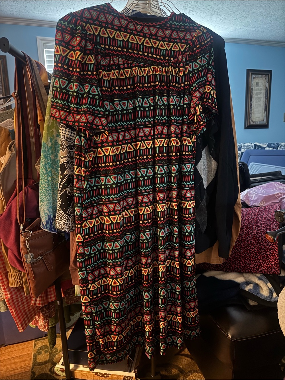 Tribal Print Long Duster in Black with Multicolor Pattern - Picture 8 of 10